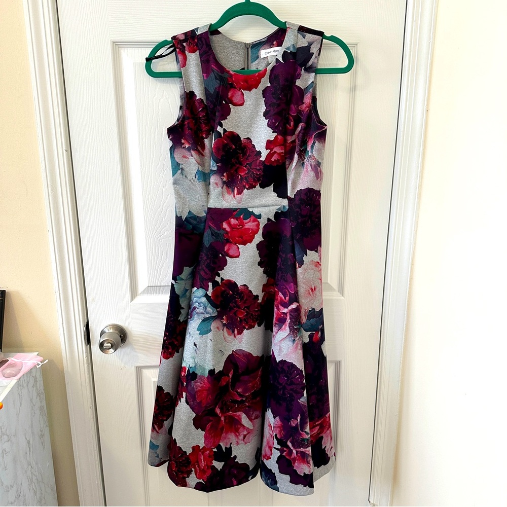 Calvin Klein Purple and Red Fit and Flare Knee-Length Dress